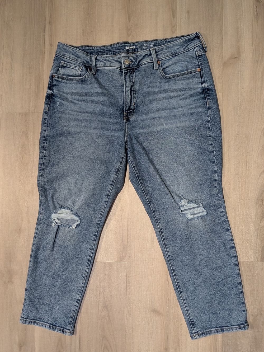 18 Petite OG Straight Jeans - Acid Wash Blue, Distressed Knee
